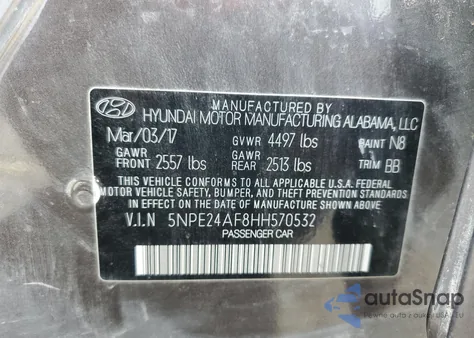 2017 Hyundai Sonata Se z USA, uszkodzony, nr VIN 5NPE24AF8HH570532